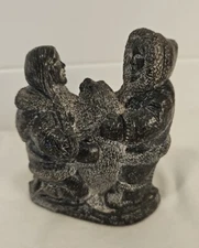A WOLF Original Hand Carved Soapstone Sculpture Inuit Eskimo Man, Woman w/ Seal