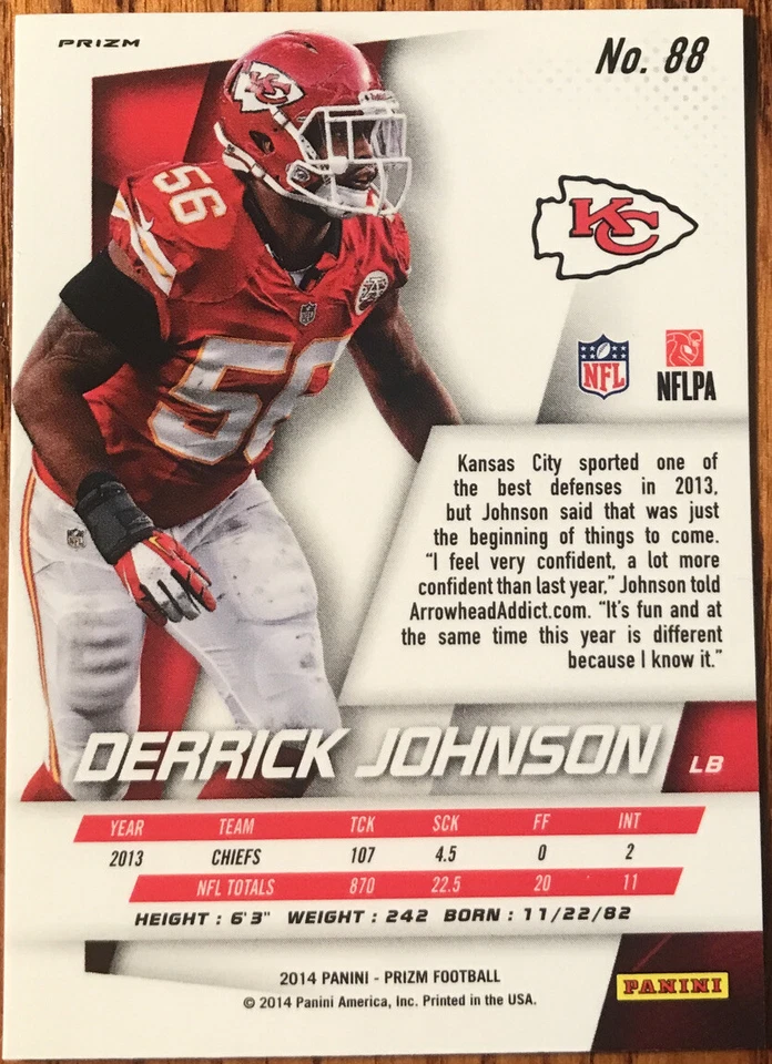 2014 Panini Prizm Prizms Green Derrick Johnson #88 Kansas City Chiefs - Image 2 of 2