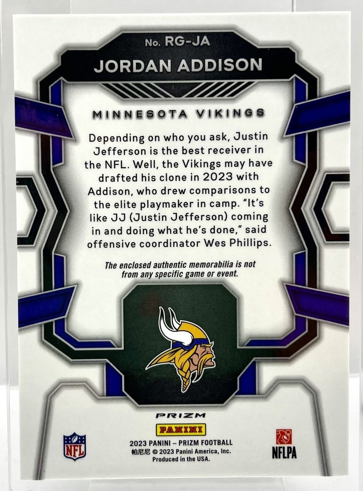 2023 Panini Prizm Jordan Addison Rookie Gear Patch Neon Green Pulsar