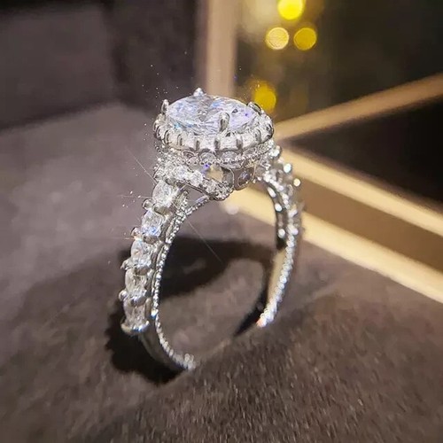 2.30Ct Oval Cut Lab Created Diamond Halo Engagement Ring 14k White Gold Plated - Picture 4 of 6