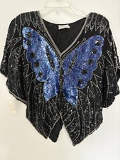 VTG 70s California Disco butterfly beaded sequins blouse shirt top