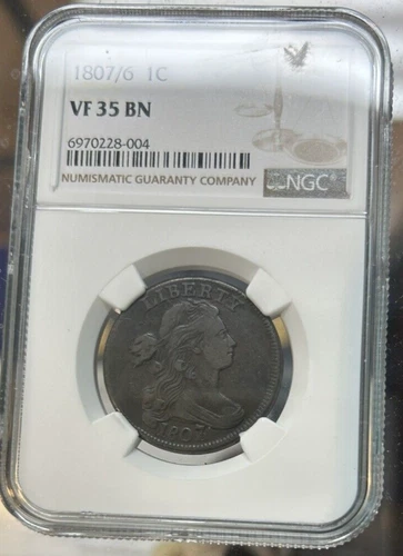 1807/6 Draped Bust Large Cent 1C - Certified NGC VF 35 BN - Rare Overdate