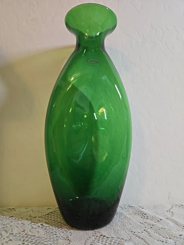Blenko Vintage MCM Pinched Center Oval Vase Emerald Green Hand Blown Signed 2004