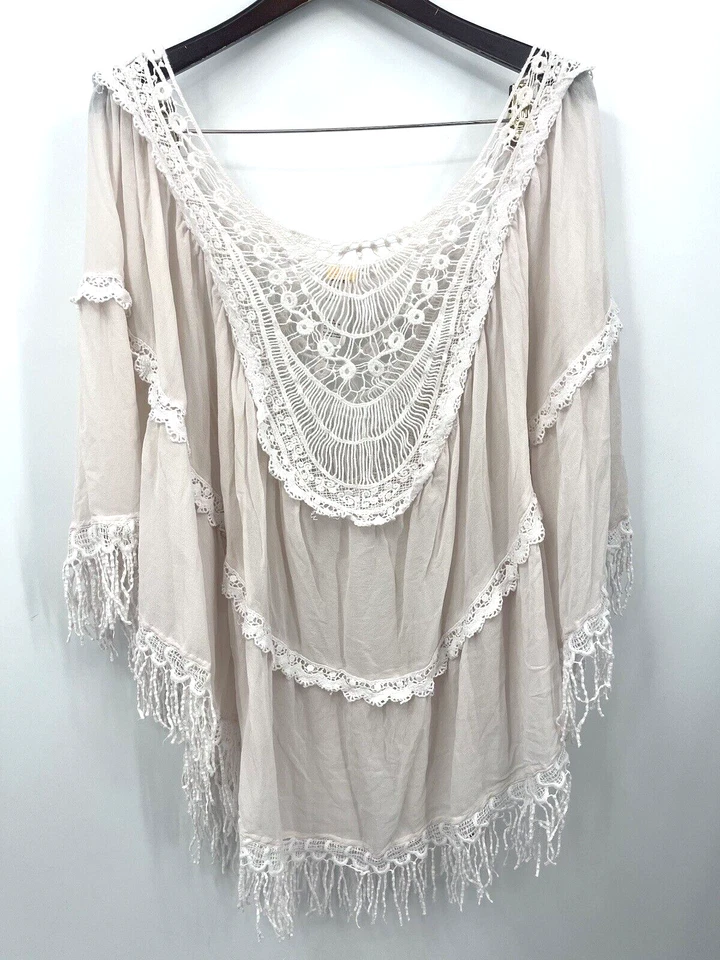 Agua Bendita Silk Poncho Women One Size Coverup Fringe Pink Quiet Cottage READ - Image 2 of 4