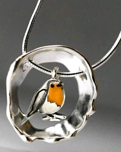 Silver Tone Hollow Circle Resin Robin  Pendant Necklace 47cm+5cm - product listing photo