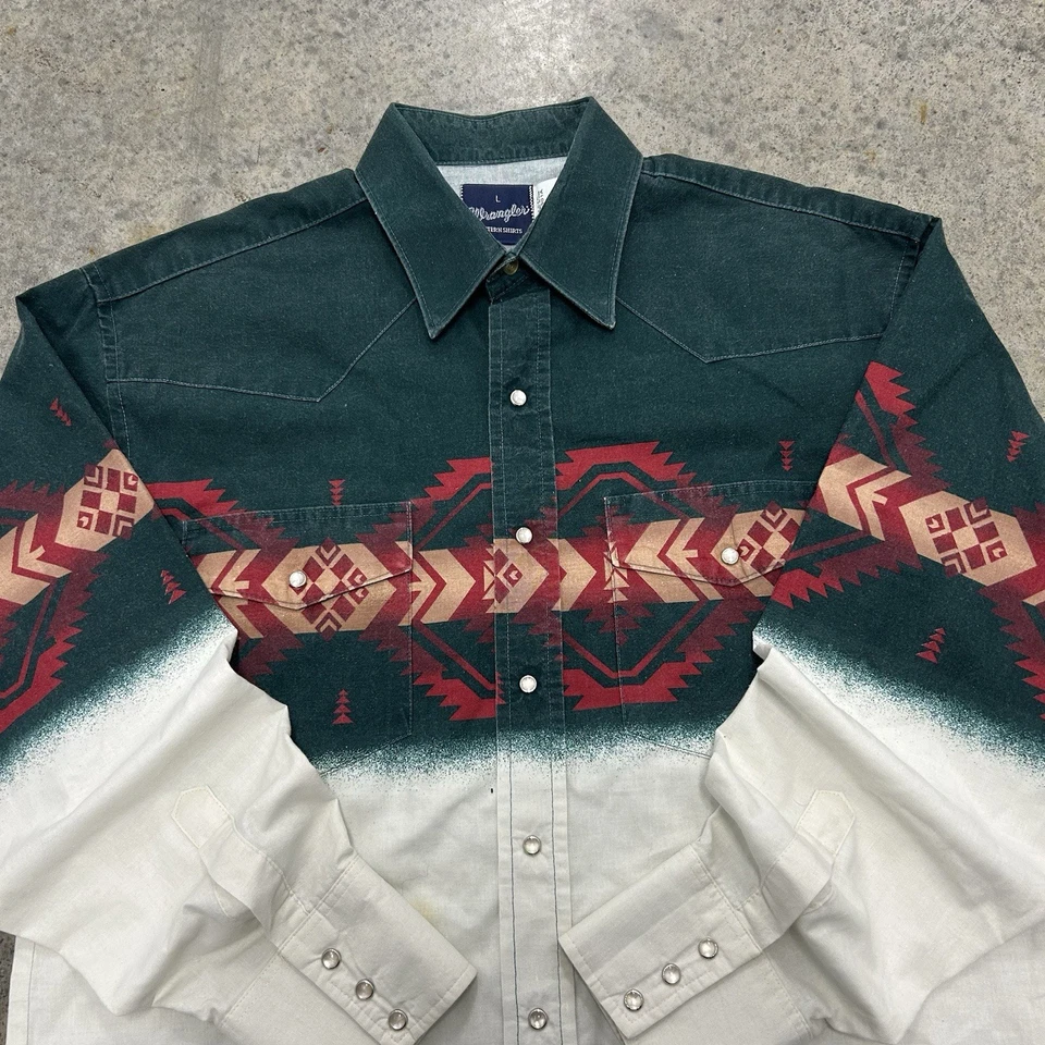 Camisa vaquera vintage de los 90 Wrangler Western para hombre L perla azteca a presión manga larga Foto 2 de 4
