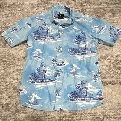 Quiksilver Men s M Blue/White Tropical Woven Cotton Button-Front Point Collar