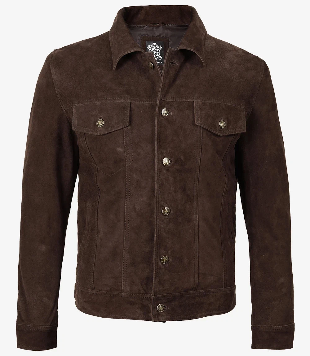 Men's Customized Classic Biker Bomber Trucker Dark Brown Suede Leather Jacket