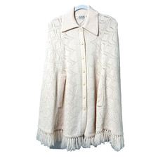 Vintage 70s Cuddle Knit Collared Poncho Fringe Ivory Button Up Cape Sweater Boho