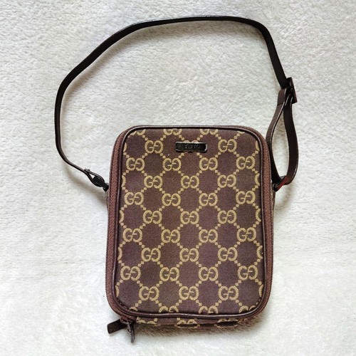 Gucci One Shoulder Mini Handbag Canvas Leather Dark Brown Beige Authentic