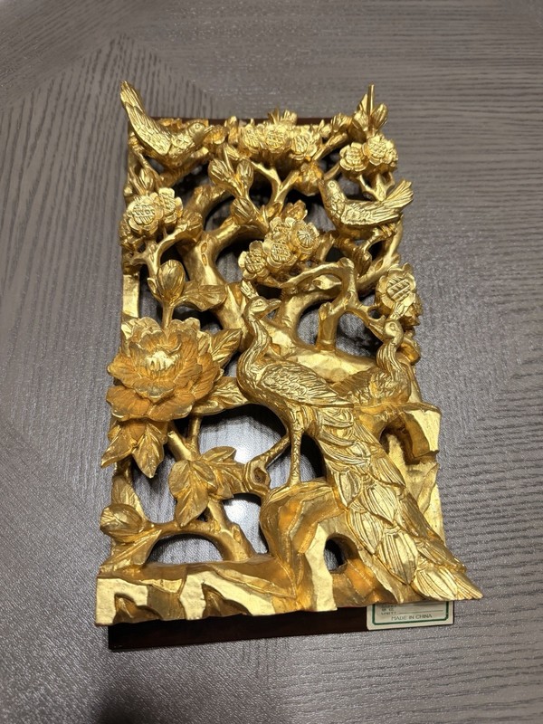 Vintage Chinese Gilt Wood Wall Plaque Carving Gold Leaf Peacock Peony Relief Art