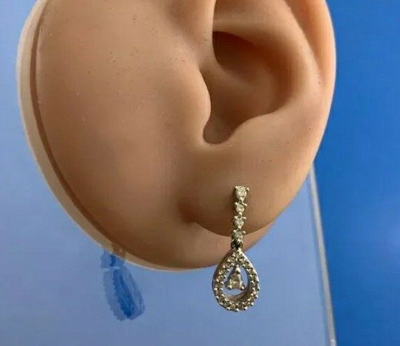 14K Solid White Gold Diamond Dangle Drop Stud Ear… - image 2