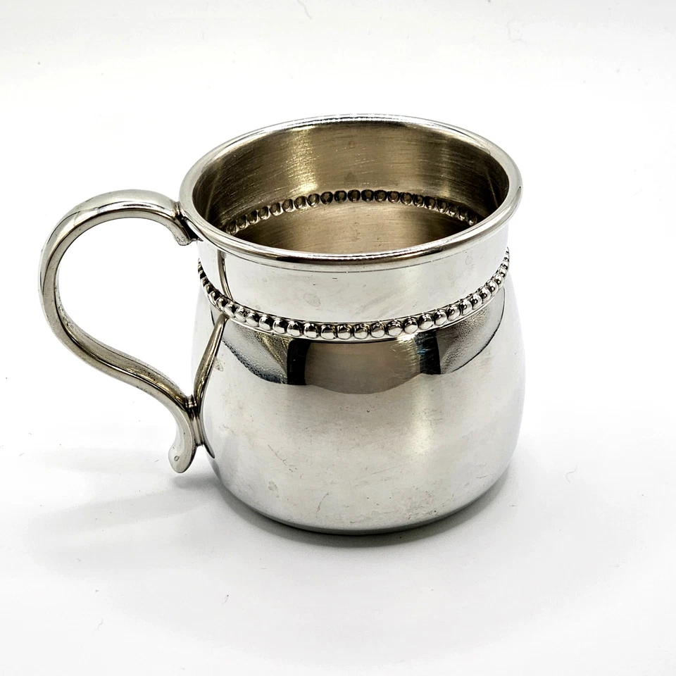 Taza abultada con cuentas Reed & Barton peltre brillante sin deslustre para bebé, niño con caja Foto 3 de 4
