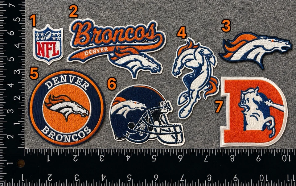 DENVER BRONCOS SET OF 7 NFL FOOTBALL IRON ON PATCHES SEE PHOTO/ RULER - Image 1 of 1