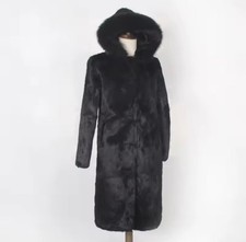 Women's Long fox fur Hooded Overcoat Coat Lined Button Solid Casual Size M