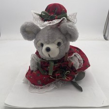 VTG Mrs. Santa Mouse Christmas Mouse Plush Doll Holding Bag