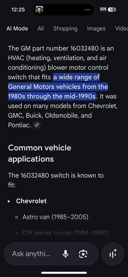 Ventilador de interruptor NOS GM 16032480 para camionetas Chevrolet GMC Buick Olds Pontiac 82-2005 Foto 2 de 4