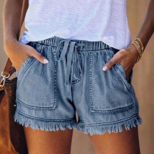 lässige dünne Jeansshorts mit hohem Bund für Damen neu Sommer elastischer Bund - Bild 2 von 9