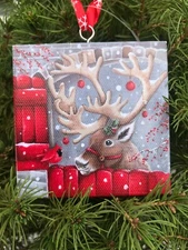 Hanging Christmas/Holiday Ornament Canvas Square with Reindeer - 3 pieces
