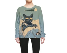 Top Pullover With Cool Cat Waffle Thin Thermal Womens Oversize Med Green Trendy
