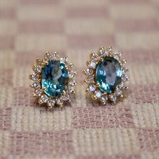 NEW 14K YELLOW GOLD 3.50 CARAT 8x6mm NATURAL TOPAZ  DIAMOND HALO STUD EARRINGS