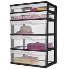 5-Drawer Wide Tower Clear Plastic Storage Organizer Storage Unit Black Frame