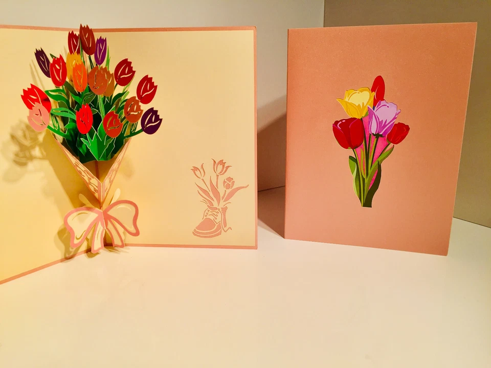 ORIGAMI POP CARDS Colourful Tulip Bouquet 3D Pop Up Greeting Card Spring Flower - Image 4 of 4