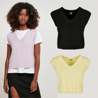 Urban Classics Ladies Short Knitted Slip On Jumper V Neck Knit Cuffs