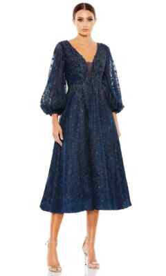 mac duggal blue embroidered dress Blue Ruffle Floral Embroidered Detail Midi Dress