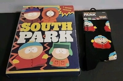 South Park Cartman, Kyle, Kenny & Stan Black T-Shirt (XL) in Box With Socks NEW