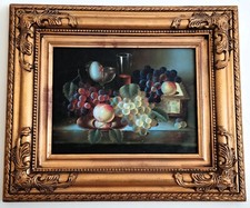 QUADRO NATURA MORTA CON UVA, PESCHE E CALICE DIPINTO CM. 40X30