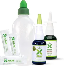 Xlear Dry Nose Relief Kit, Xlear Nasal Spray, Rinse Neti Pot, 50 Refill Packets