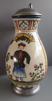 Handbemalter Antiker Fayence-Birnkrug mit Zinndeckel, handbemalt, Austria, 27 cm - Bild 1 von 4