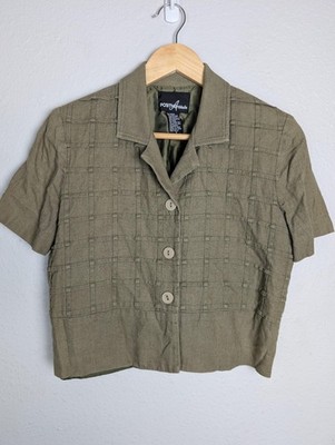 Positive Attitude Button-Up Womens 6 Green Check Lined Short Sleeve Linen Rayon