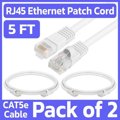 2 Pack White Cat5e Ethernet Patch Cable 5ft RJ45 Network Cord LAN Internet Wire