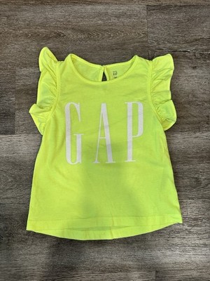 Gap Neon Green Ruffle Sleeve Cotton T-Shirt 4 Years Toddler Sleeveless Crew Neck