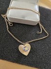 Vintage Sunburst Heart Necklace -Gold Tone Ribbed Heart w Iridescent Stone — photo 4