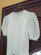 la ven blouse new with tag size S ivory white made in France pom puff sleeves