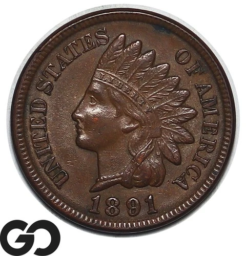 1891 Indian Head Cent Penny, Choice AU++/Unc