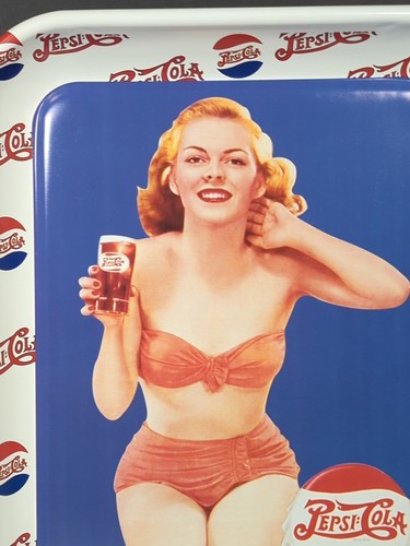 Vtg Pinup Girl Tray Red Head Swim Suit Pepsi Cola Metal Serving Tray Pin Up - Picture 2 of 10