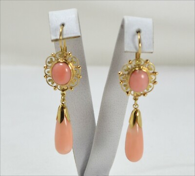 ORECCHINI IN ORO GIALLO 18 kt CON CORALLO ROSA E PENDOLI ABBINATI