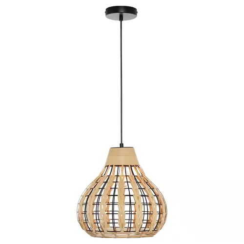 13in Black Pendant Light, 1-Light Adjustable 15-63in, Rattan Metal Shade Indoor