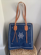 Sundance Made In Italy Large Denim Tote Bag Embroidered Pattern Leather Straps