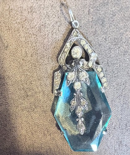 vintage art deco blue glass pendant rhinestones and stirling silver 1.6 x 0.87