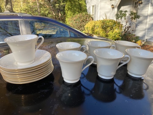 Set 8 Lenox Special Gold Ivory Eternal Dessert Plates & 7 Cups Saucers - Picture 4 of 7