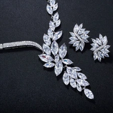 White Gold Plated Cubic Zirconia Leaf Drop Necklace Earring Bridal Jewelry Set 