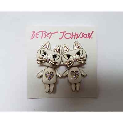 Betsy Johnson Cat Pierced Earrings Cat White Enamel Gold-Tone Body Moves 