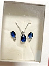 Silver Plated Small Blue Pendant Necklace and Earrings Cubic Zircon Jewelry Set