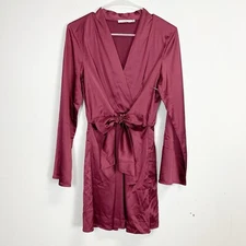 Lush VNeck Dress Womens Small Mulberry Red Tie Front Long Sleeve Satin NWOT NEW