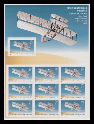 2003 37c First Controlled Powered Airplane Flight, Wright Scott 3783 Sheet of 10